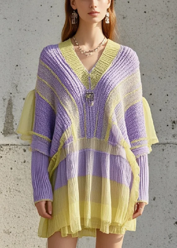 Women's Night-Out Clothes Statement Piece Casual Purple Oversized Patchwork Tulle Knitted Dress Fall