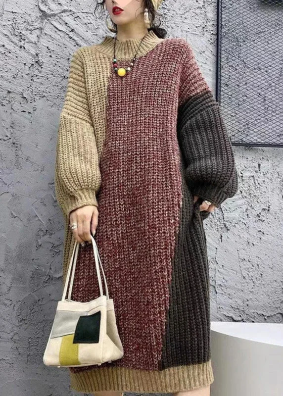 Formal Garments For Women Enjoy Discount Unique Coffee Stand Collar Patchwork Cotton Knit Long Sweater Dress Winter