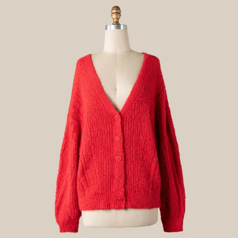 Affordable Luxury Women's Garments The Good Stuff Button Down Fuzzy Cable Knit Cardigan (Red)