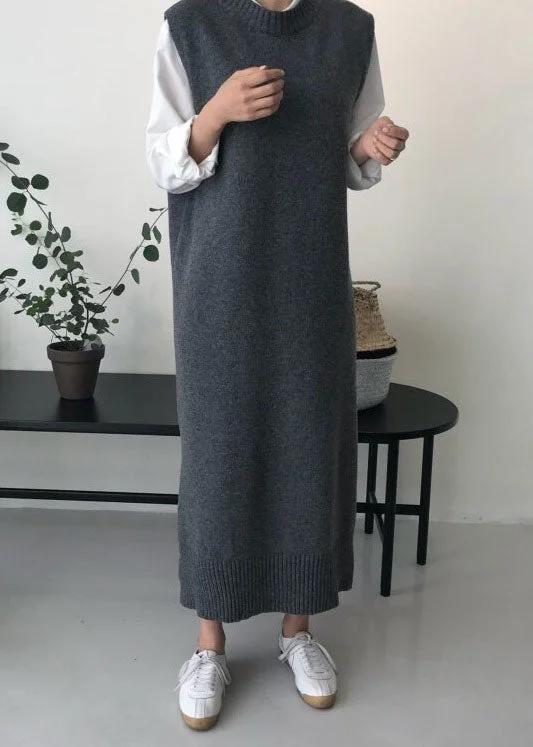 Formal Attire For Women Latest Fashion DIY Grey O Neck Patchwork Knit Vest Dress Sleeveless