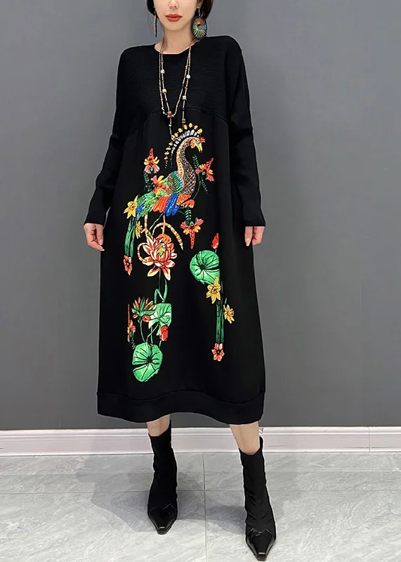 Women's Holiday Clothing Holiday Sale Elegant Black O-Neck Embroideried Knit Maxi Dress Fall