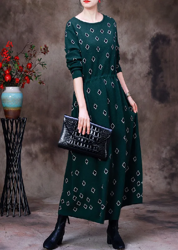 Women's Outfit For The Office Clearance Event Slim Fit Green O-Neck Drawstring Print Knit Long Dress Long Sleeve