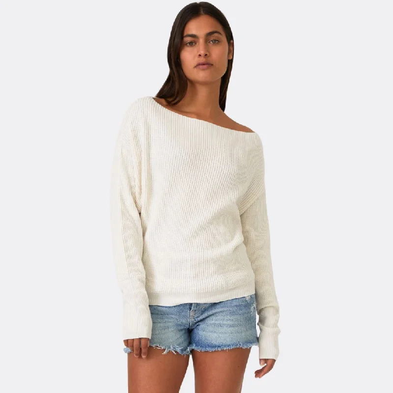 Comfortable Garments For Women Trendy Styles Long Sleeve Waffle Knit Pullover Sweater (Natural)