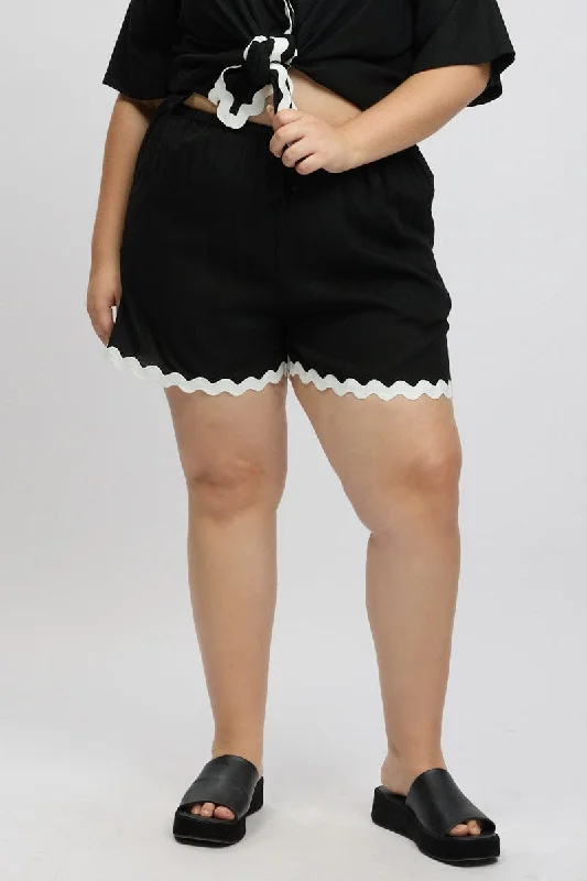 Women's Transitional Clothes Quick Grab Deals Black Ric Rac Trim Linen Blend Shorts